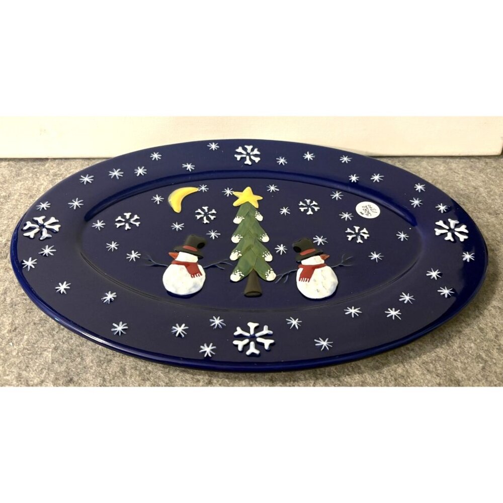 2001 Tender Heart Cobalt Blue Snowman Platter  13.5 X 9.25"  # 3281